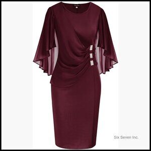 Plus Size Chiffon Ruffle Cape Sleeve Bodycon Pencil Dress